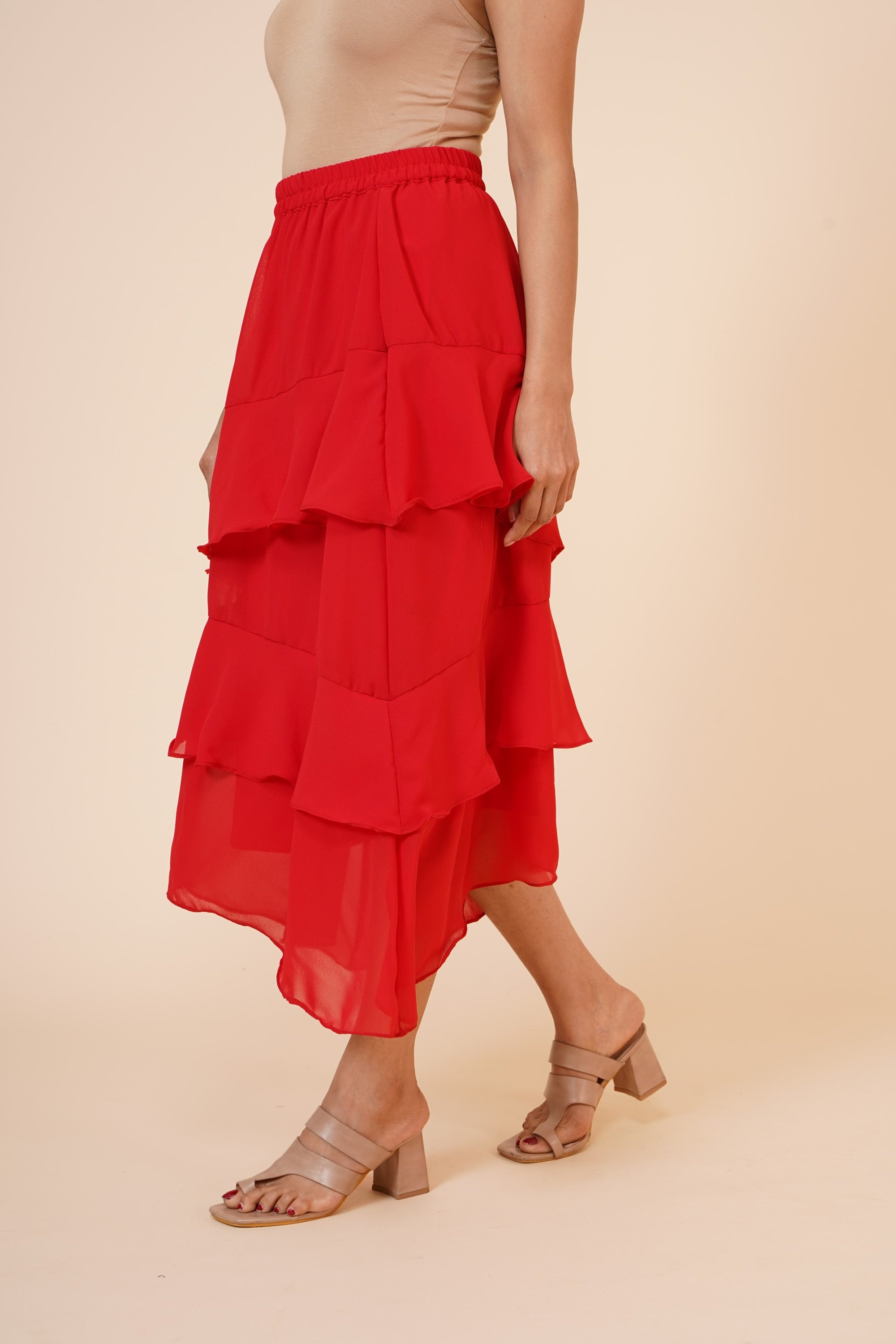 Women's Chiffon Ruffle Skirt With Elastic In Red  - MIRACOLOS by Ruchi