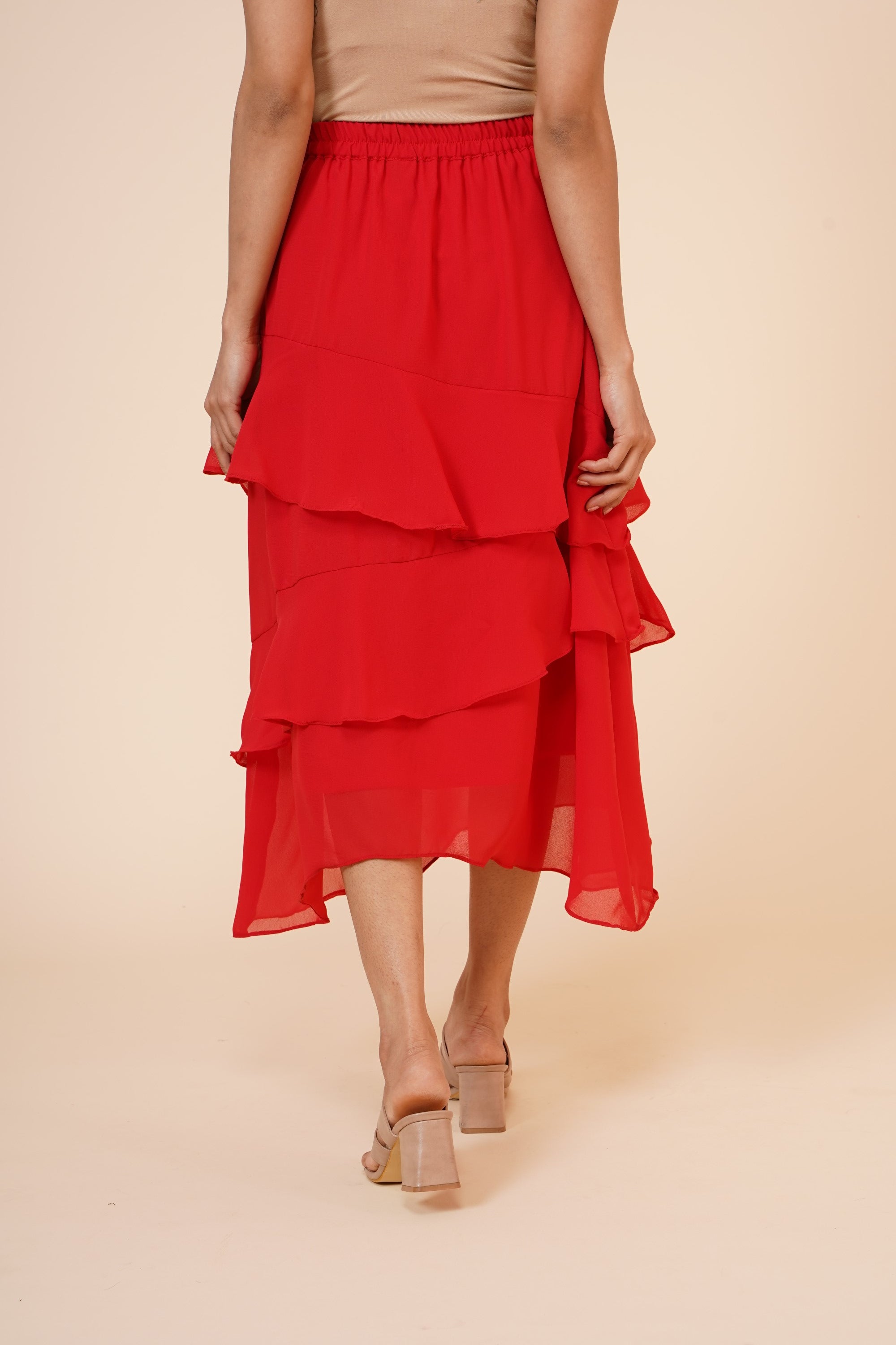 Women's Chiffon Ruffle Skirt With Elastic In Red  - MIRACOLOS by Ruchi