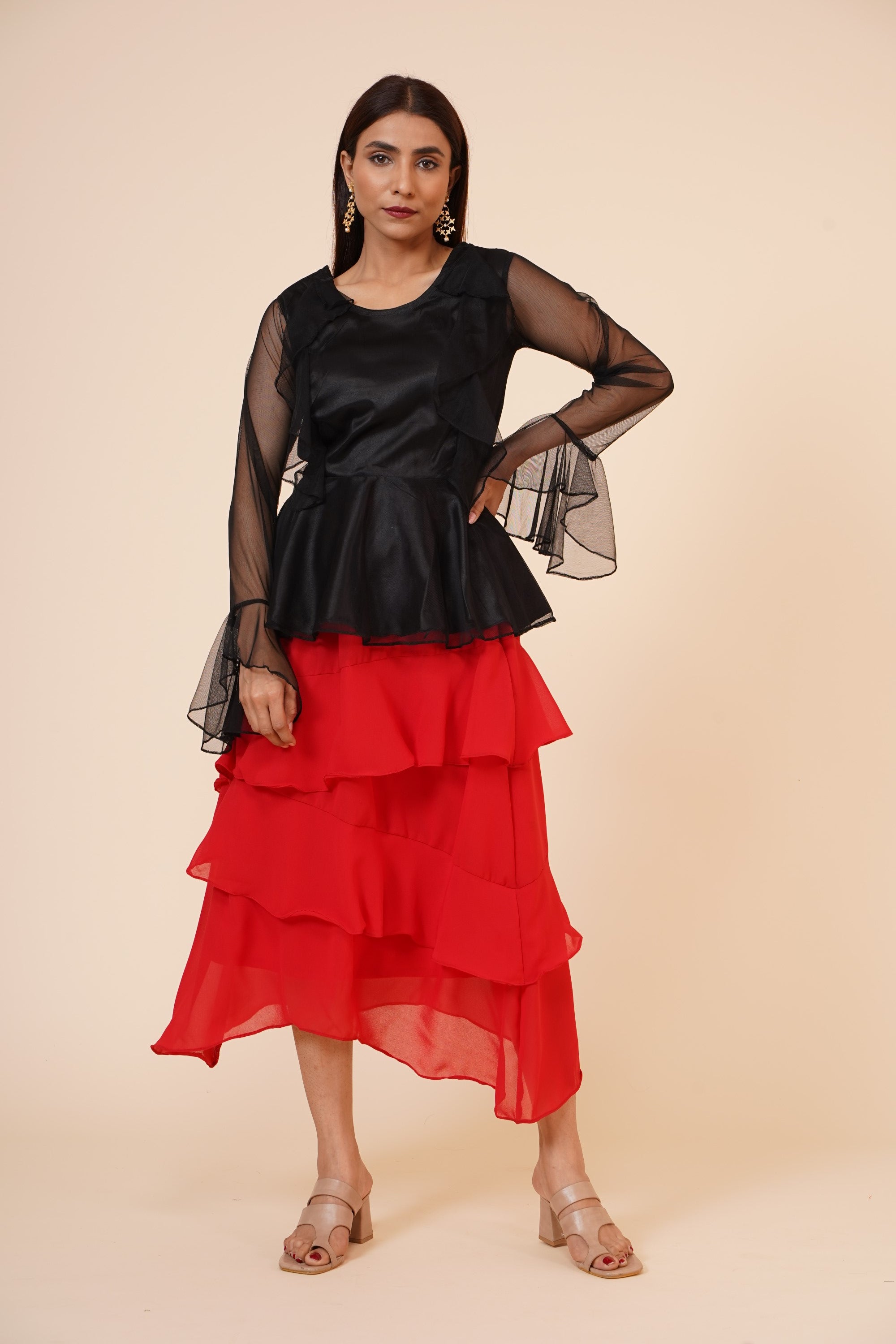 Women's Net Party Long Ruffle Sleeves Top In Black