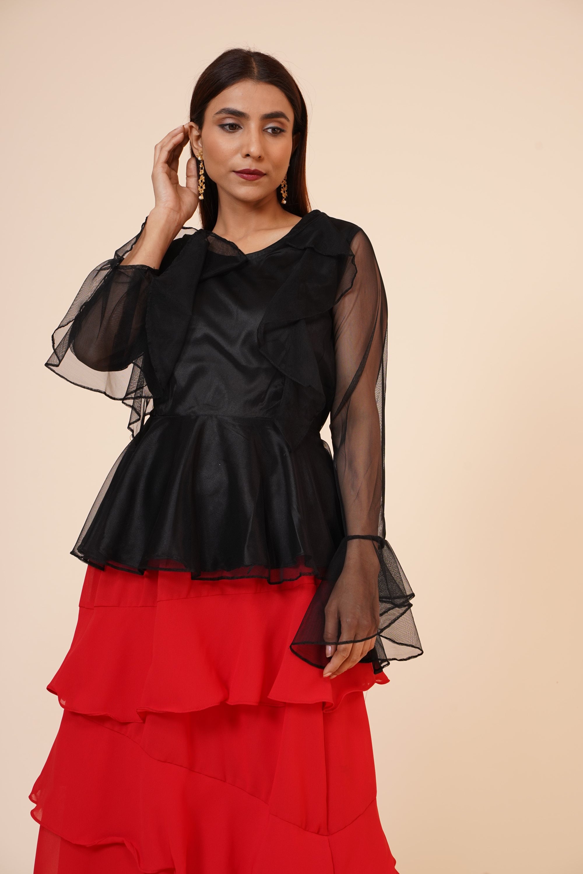 Women's Net Party Long Ruffle Sleeves Top In Black - MIRACOLOS by Ruchi