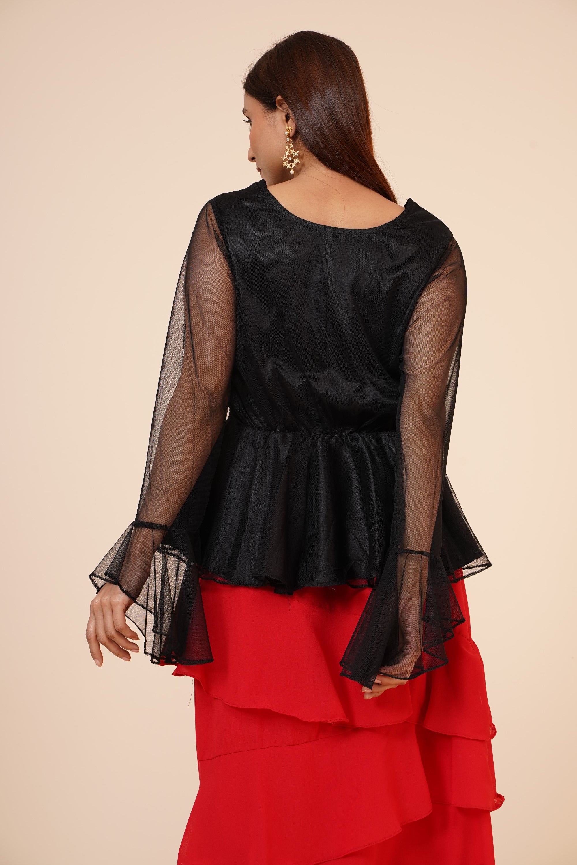 Women's Net Party Long Ruffle Sleeves Top In Black - MIRACOLOS by Ruchi