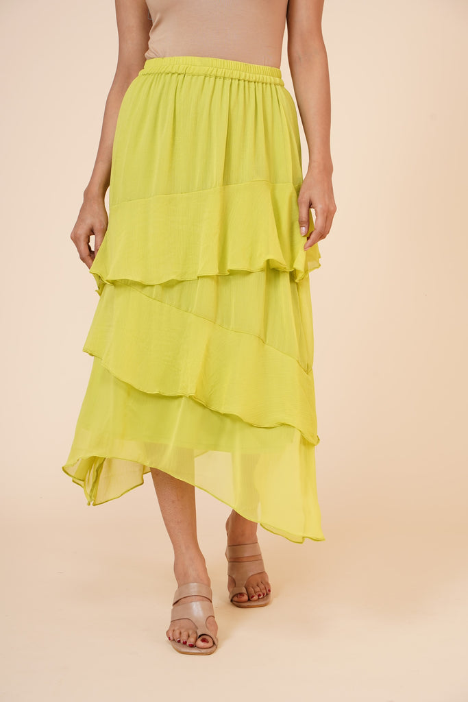 Women's Chiffon Ruffle Skirt With Elastic In Lime Green