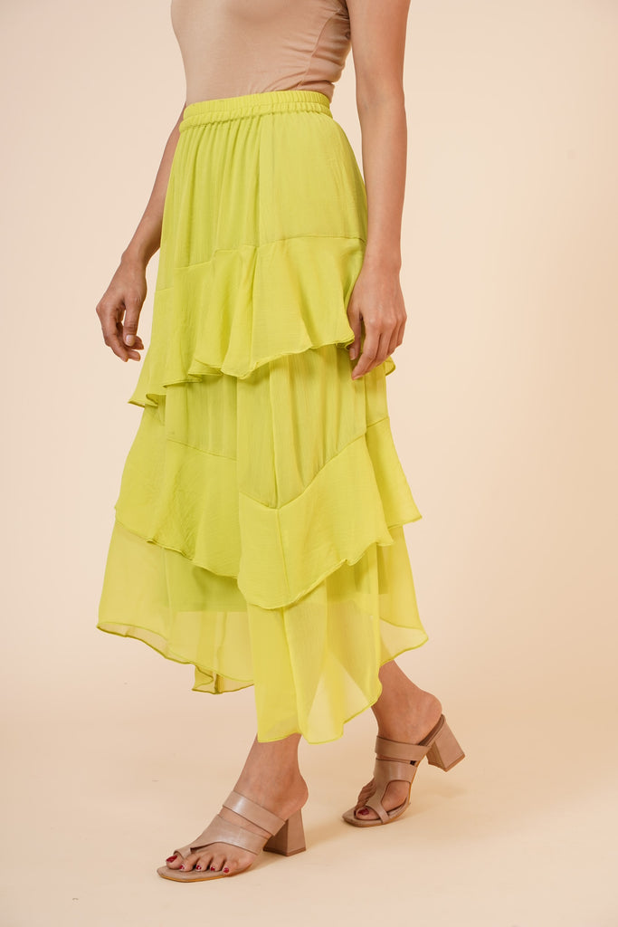 Women's Chiffon Ruffle Skirt With Elastic In Lime Green