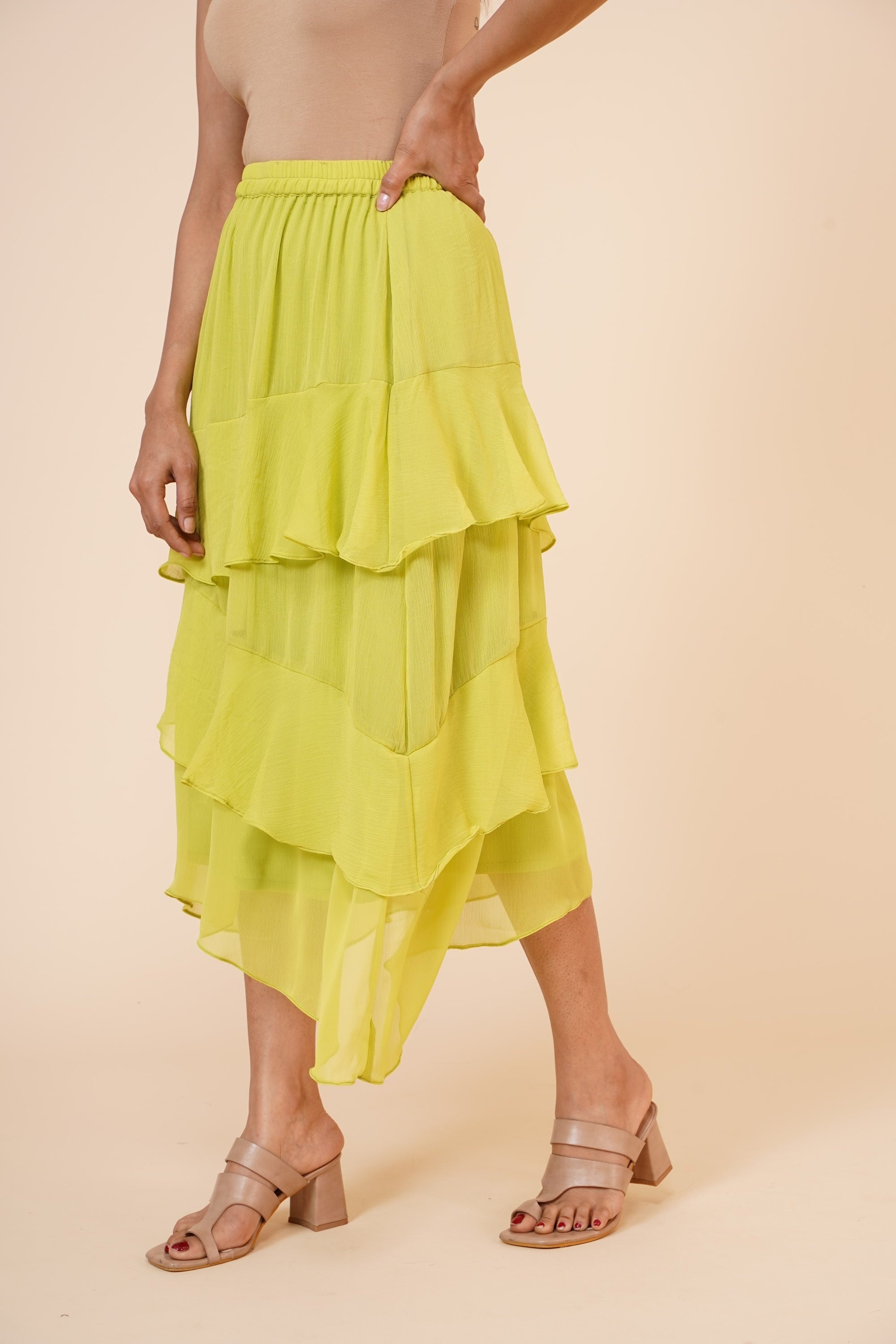 Women's Chiffon Ruffle Skirt With Elastic In Lime Green - MIRACOLOS by Ruchi