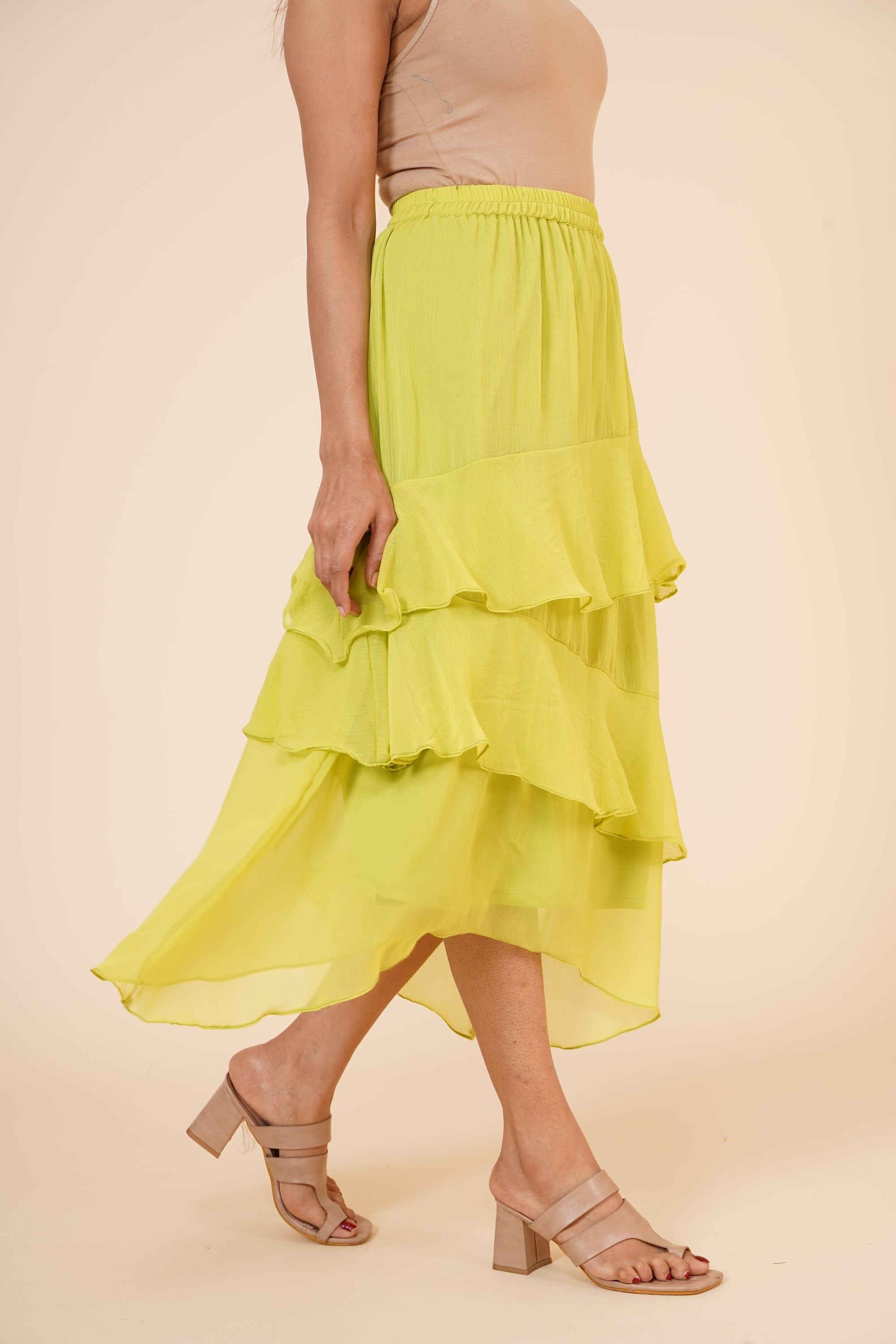 Women's Chiffon Ruffle Skirt With Elastic In Lime Green - MIRACOLOS by Ruchi