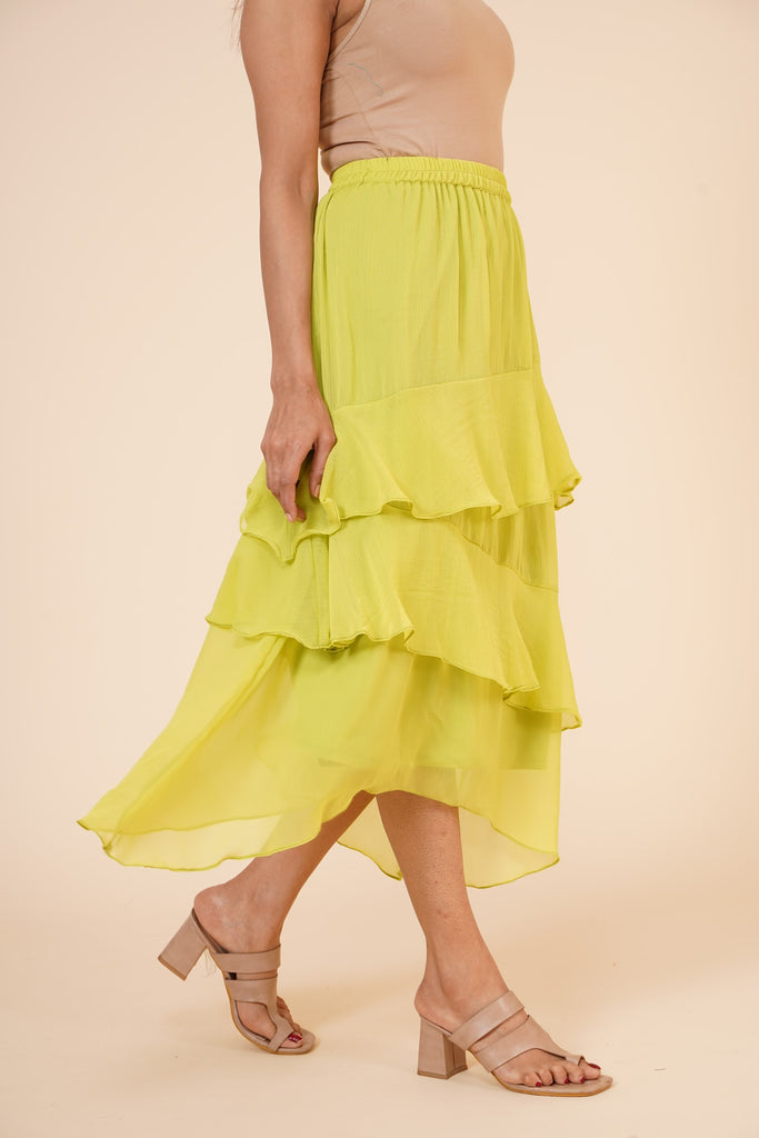 Women's Chiffon Ruffle Skirt With Elastic In Lime Green