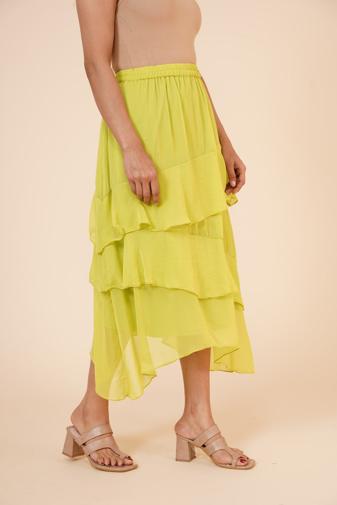 Women's Chiffon Ruffle Skirt With Elastic In Lime Green