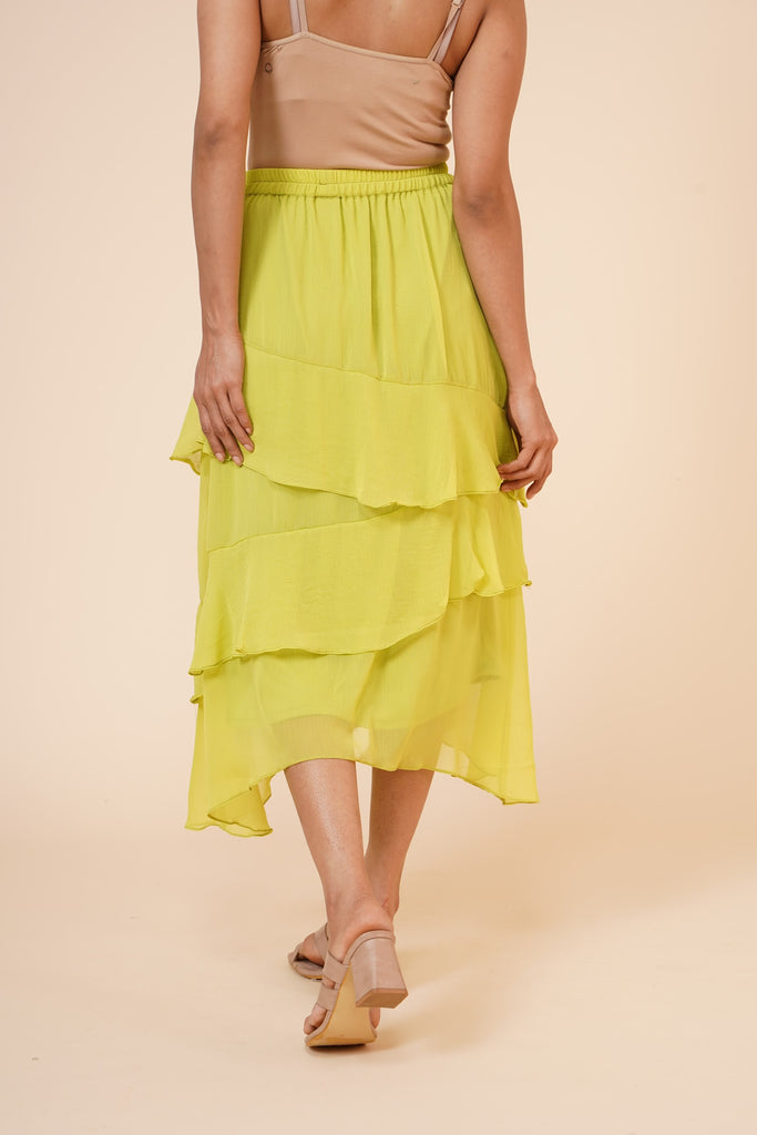 Women's Chiffon Ruffle Skirt With Elastic In Lime Green