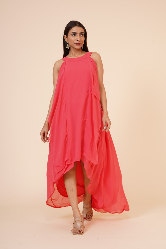 Women's Halter Neck Ruffle Drape Georgette  Dress In Peach