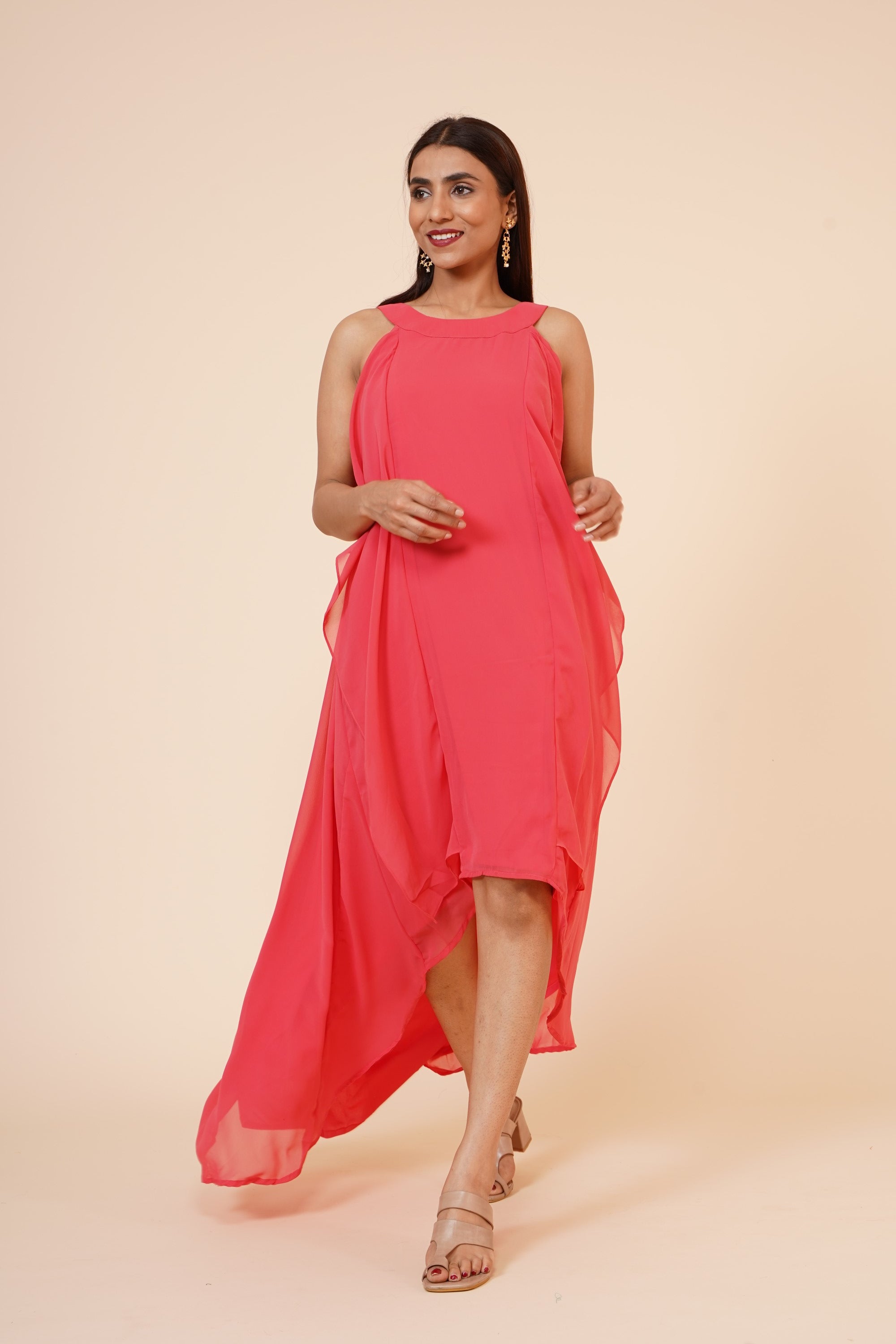 Women's Halter Neck Ruffle Drape Georgette Dress In Peach XL | Trendia Global Women's Halter Neck Ruffle Drape Georgette Dress In Peach XL | Trendia Global