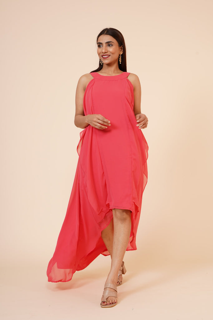 Women's Halter Neck Ruffle Drape Georgette  Dress In Peach