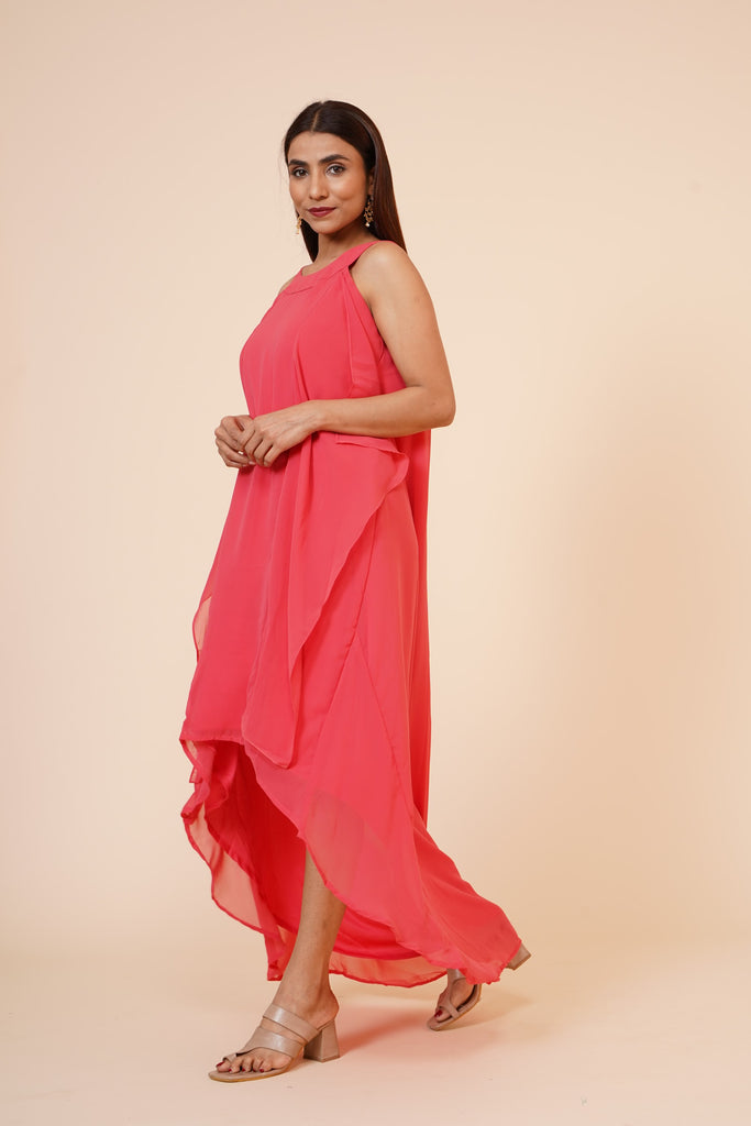 Women's Halter Neck Ruffle Drape Georgette  Dress In Peach