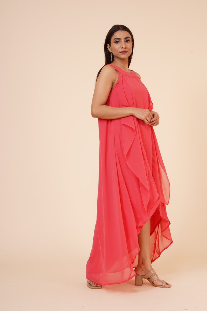 Women's Halter Neck Ruffle Drape Georgette  Dress In Peach