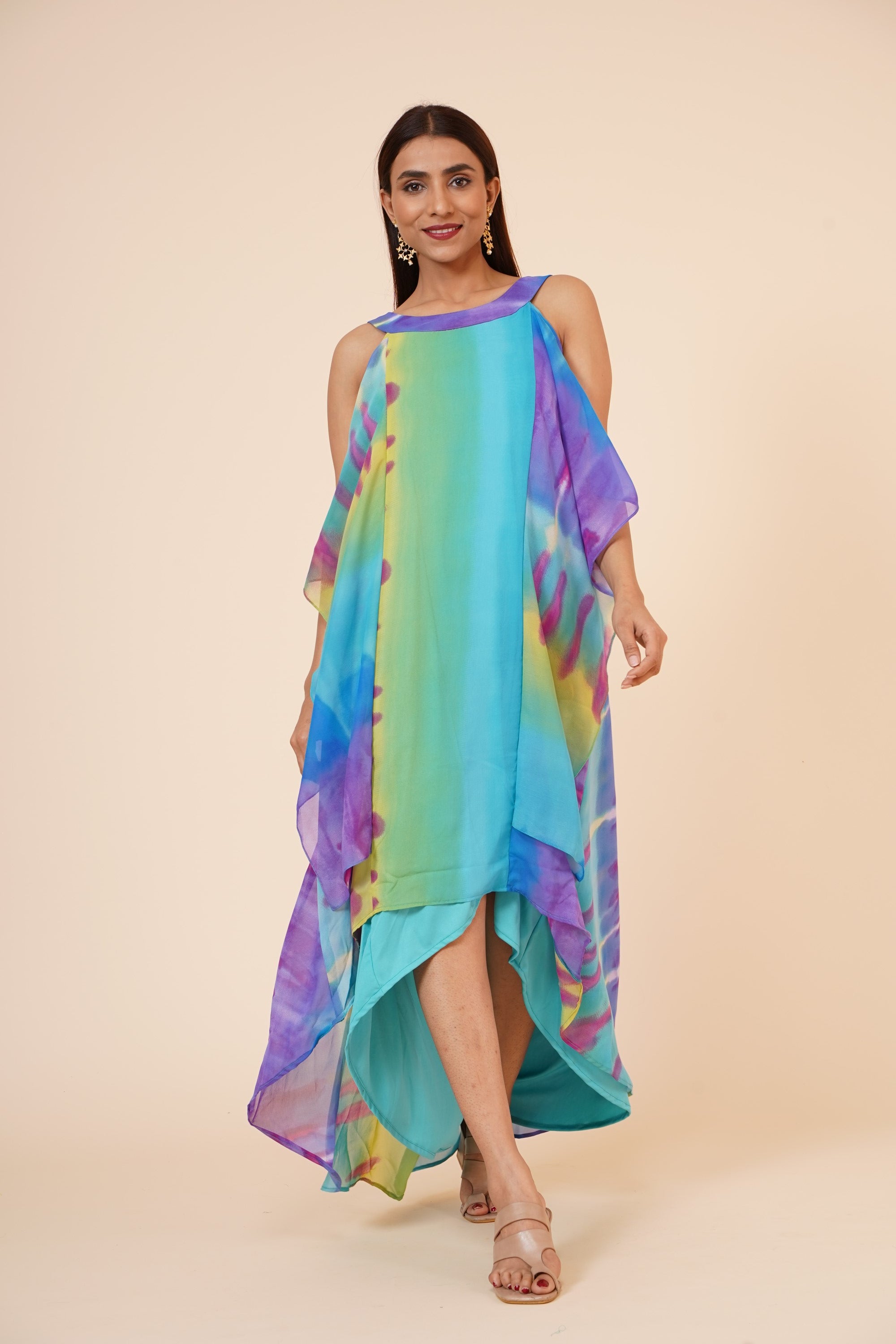 Women's Halter Neck Ruffle Drape Printed Georgette  Dress In Multicolor - MIRACOLOS by Ruchi