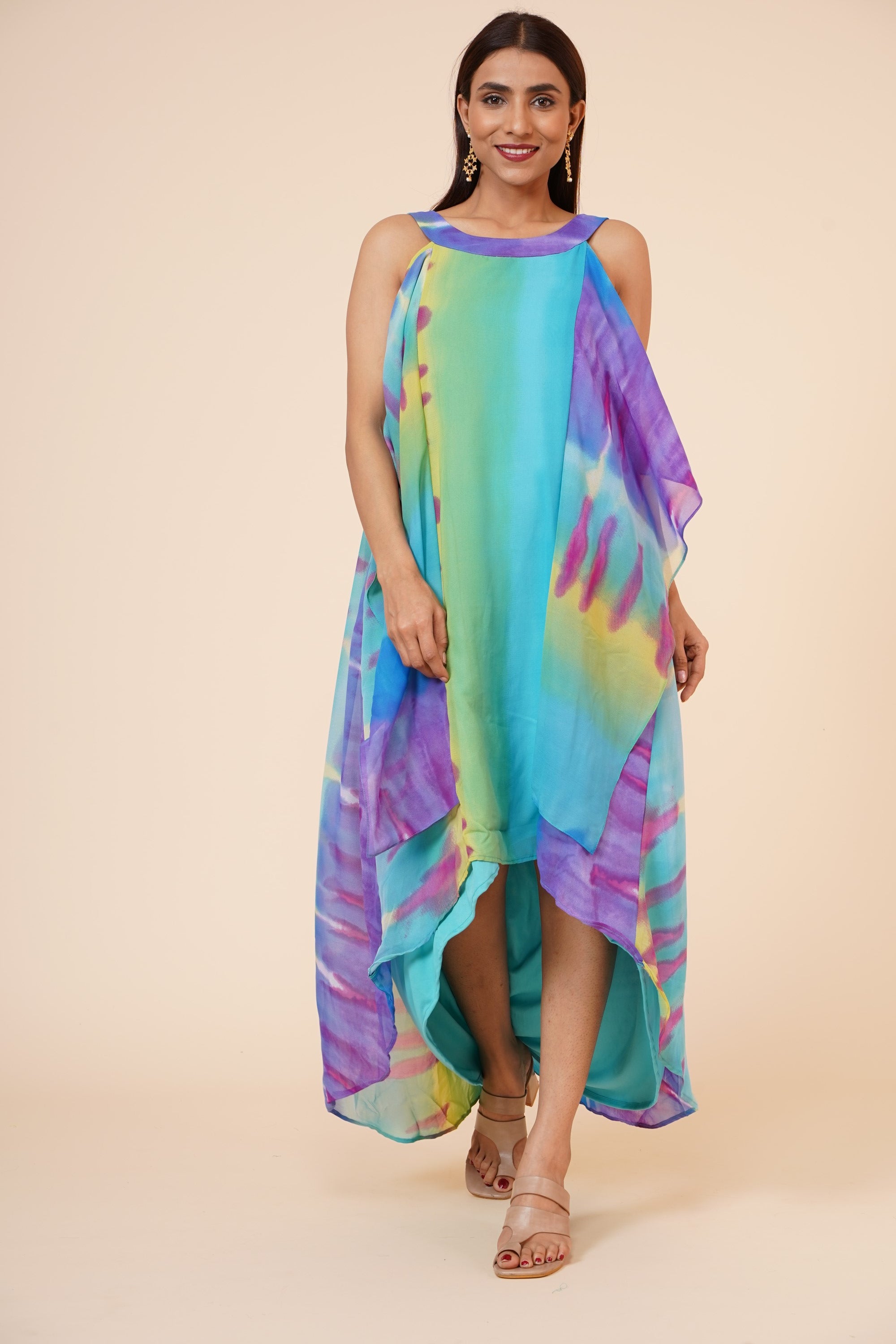 Women's Halter Neck Ruffle Drape Printed Georgette  Dress In Multicolor