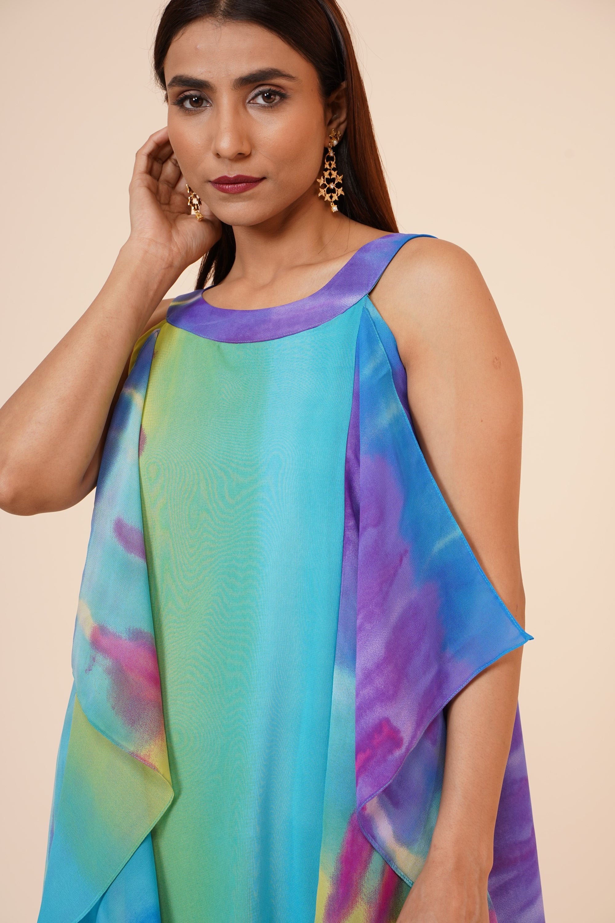 Women's Halter Neck Ruffle Drape Printed Georgette  Dress In Multicolor - MIRACOLOS by Ruchi