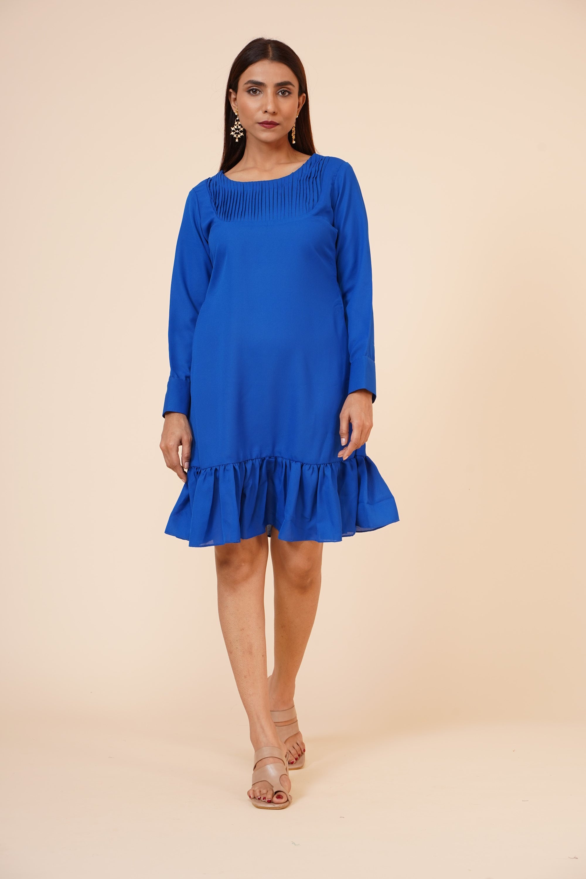 Women's Pin Tucks Georgette Midi Casual Dress Cobalt Blue - MIRACOLOS by Ruchi