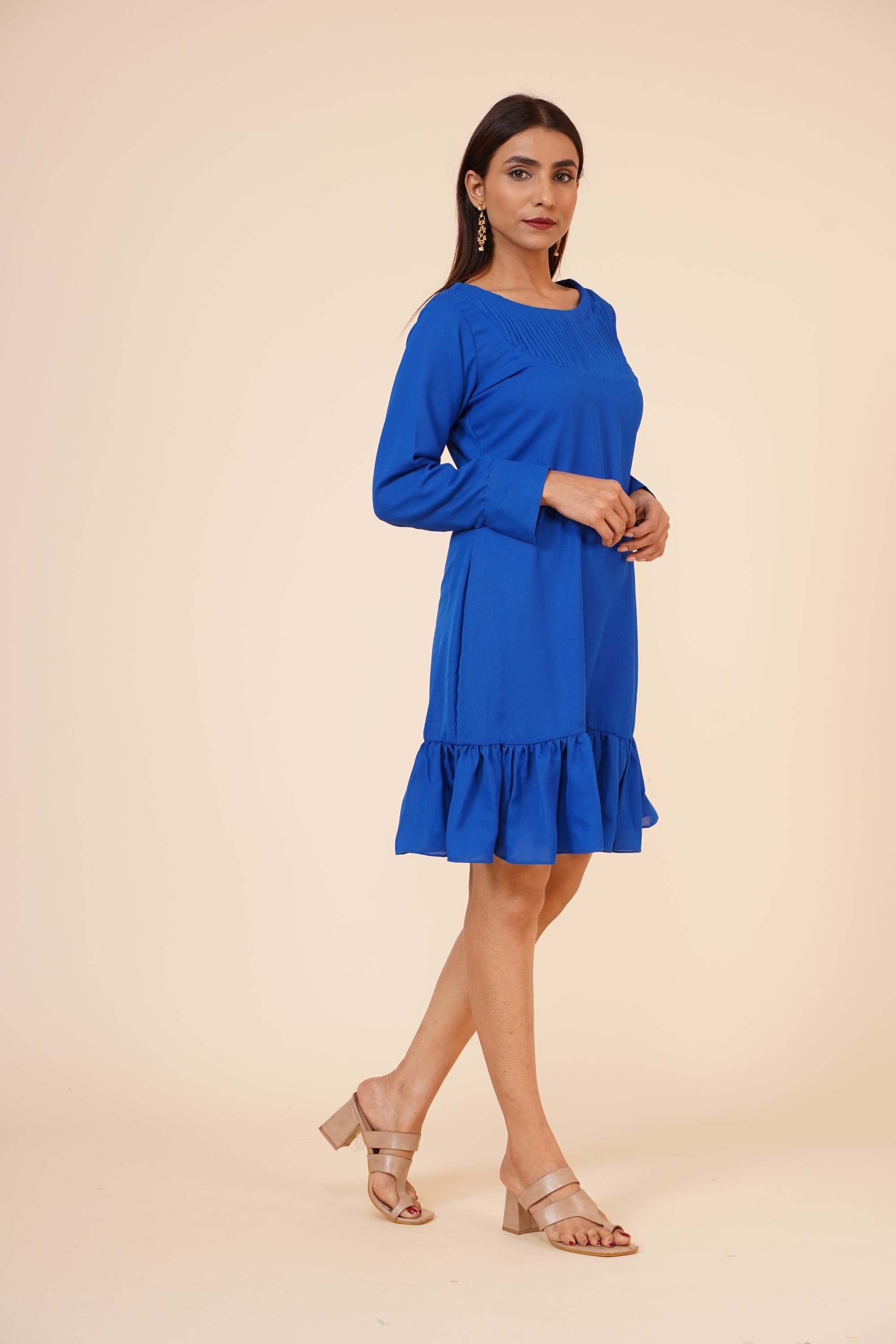 Women's Pin Tucks Georgette Midi Casual Dress Cobalt Blue - MIRACOLOS by Ruchi