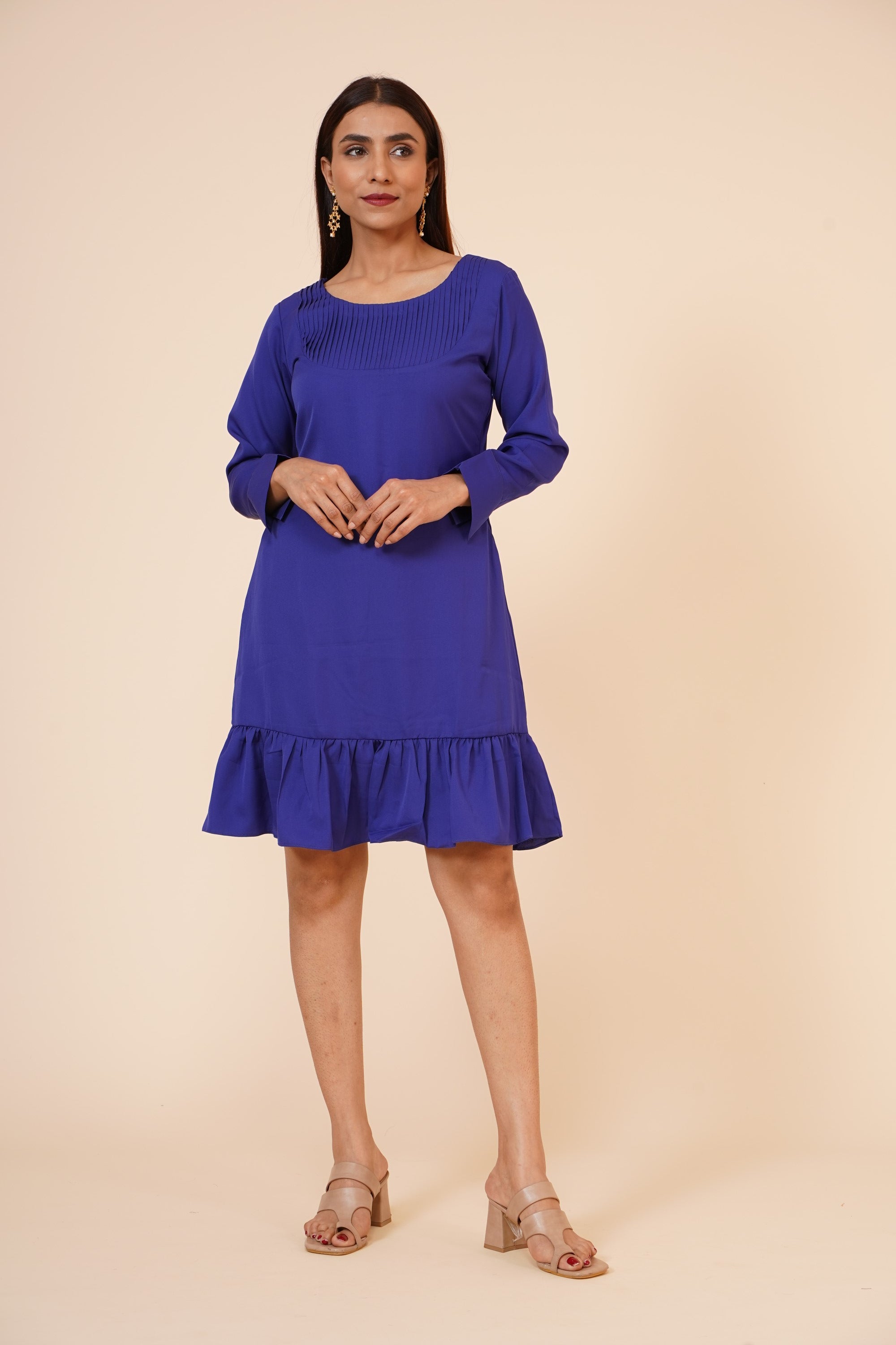 Women's Pin Tucks Georgette Midi Casual Dress Dark Blue