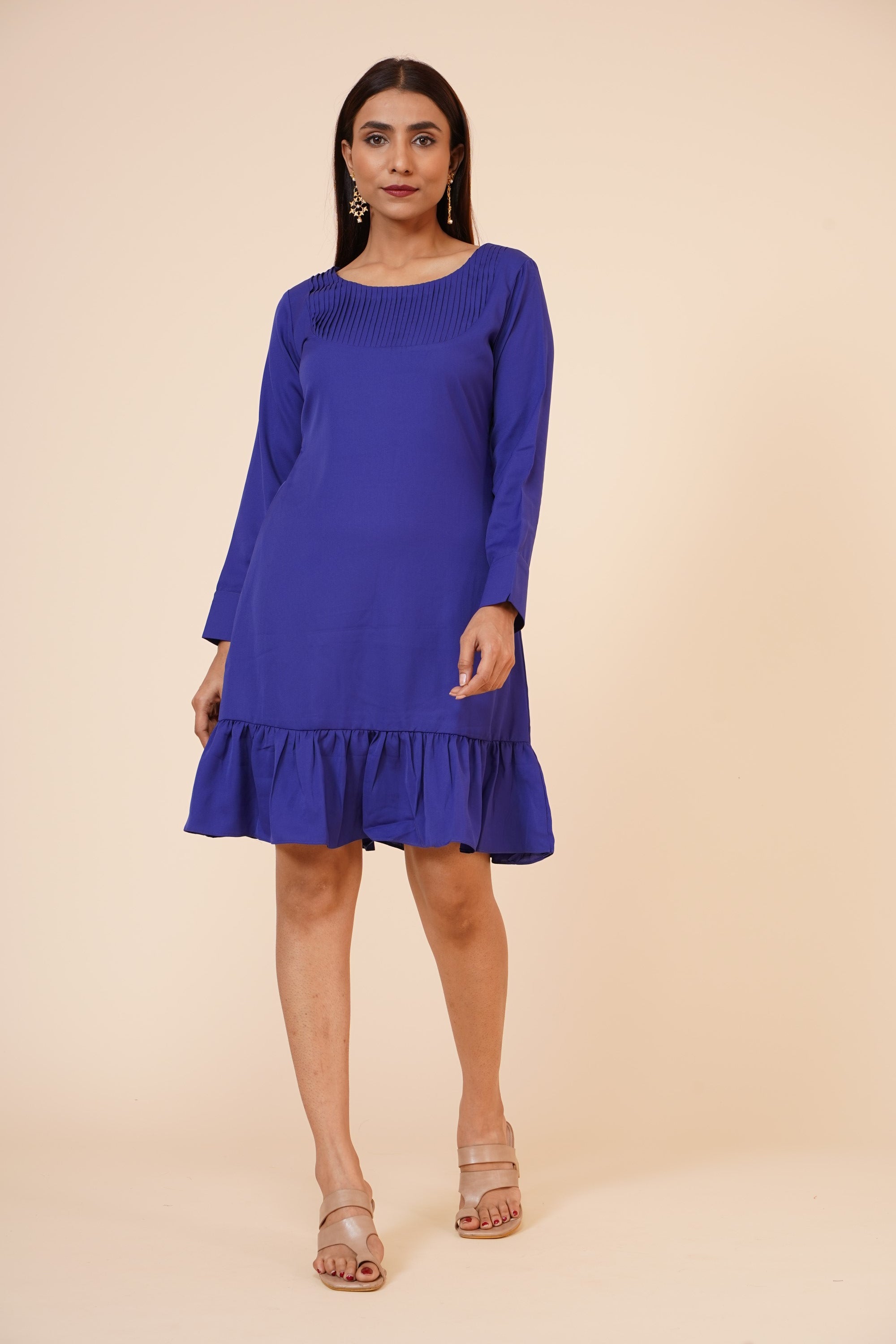 Women's Pin Tucks Georgette Midi Casual Dress Dark Blue XL
