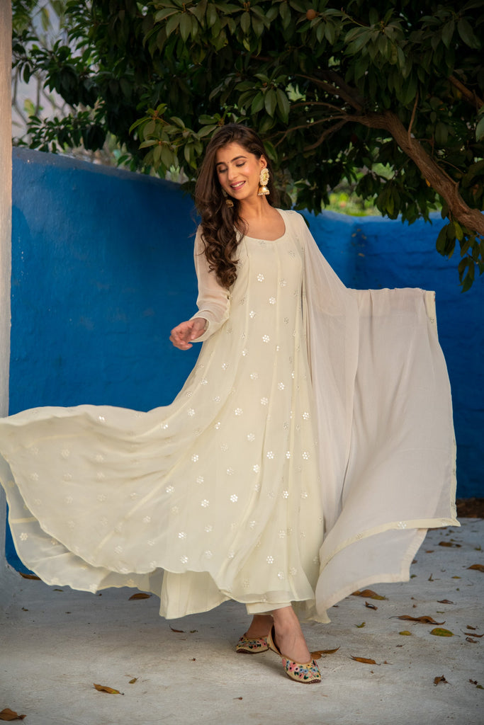 Women's Ivory High Kali Anarkali set