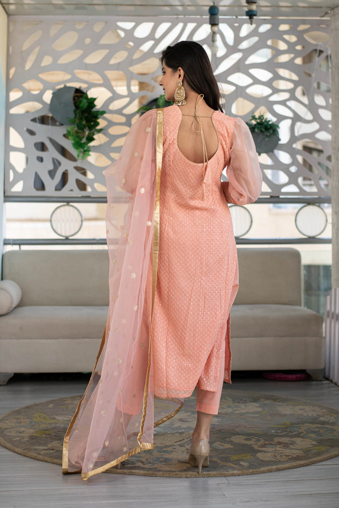 Women's Peach Thread Work Kurta With Organza Sleeves (3pc Set)