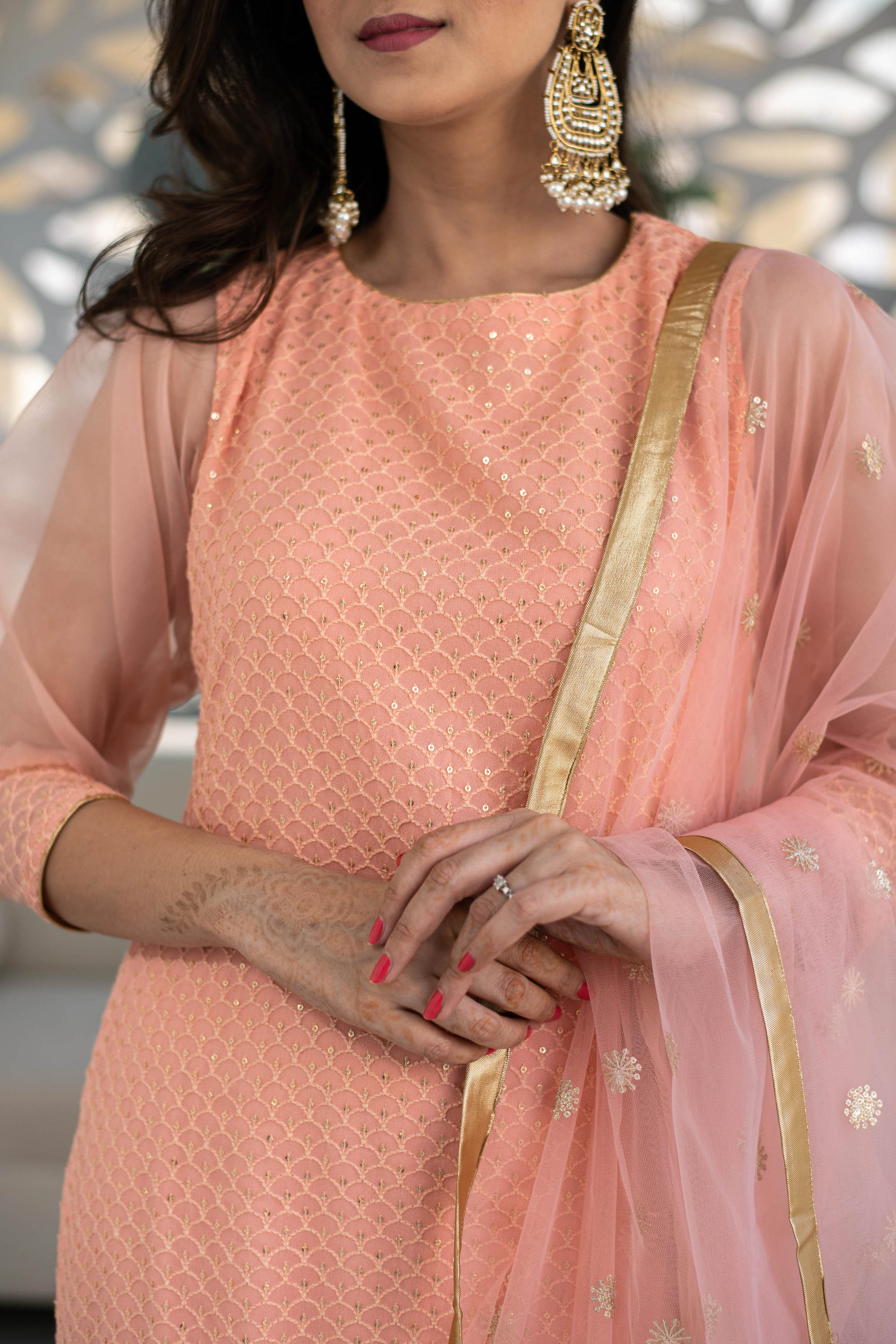 Women's Peach Thread Work Kurta With Organza Sleeves (3pc Set) - Label Shaurya Sanadhya