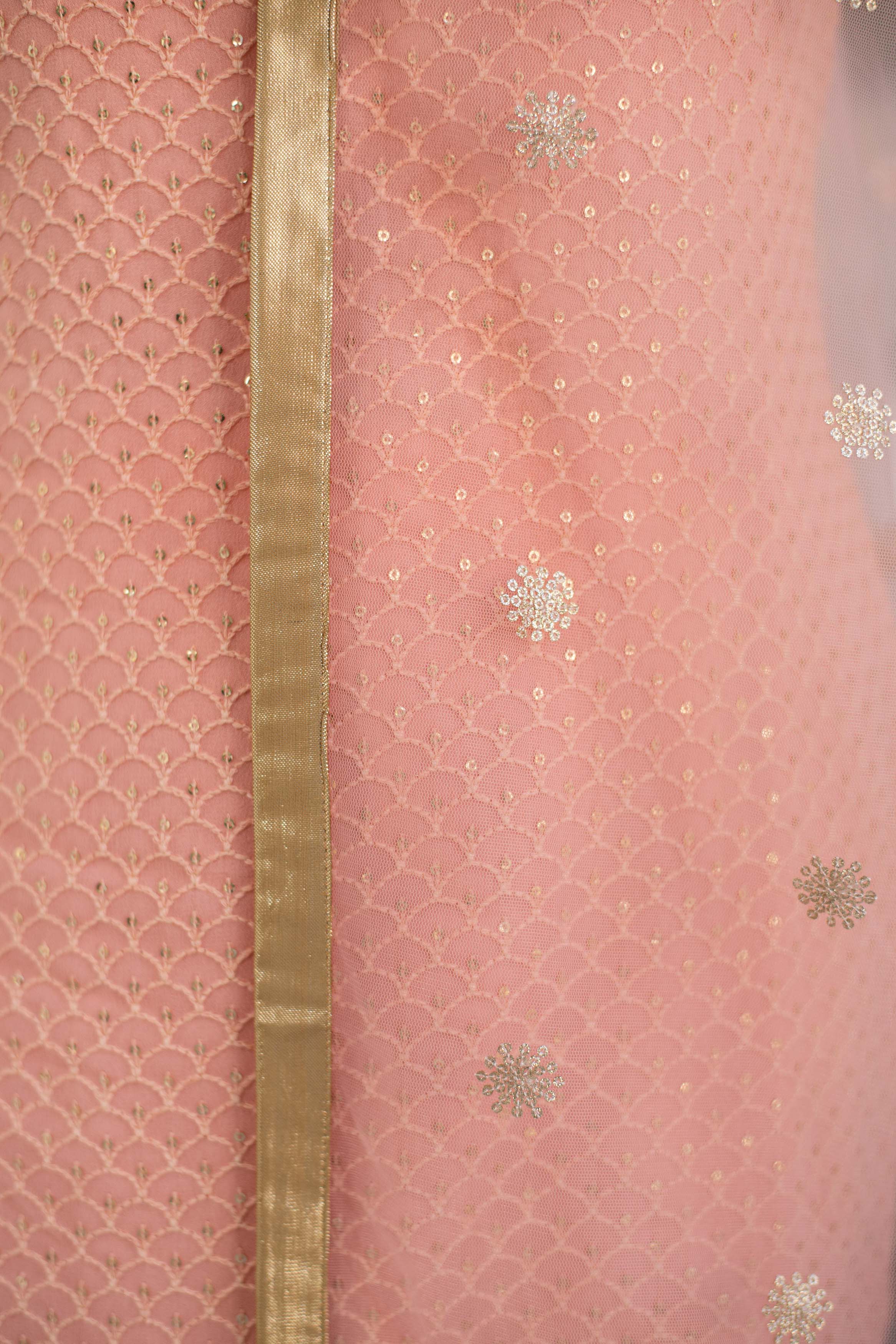 Women's Peach Thread Work Kurta With Organza Sleeves (3pc Set) - Label Shaurya Sanadhya