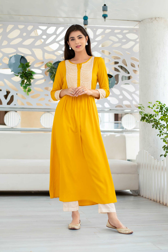 Women's Yellow Long Kurta With Straight Pant Set (2pcs set)