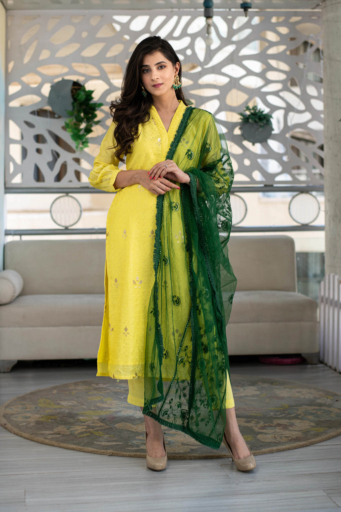 Women's Yellow Kurta With Green Dupatta (3pc Set) - Label S