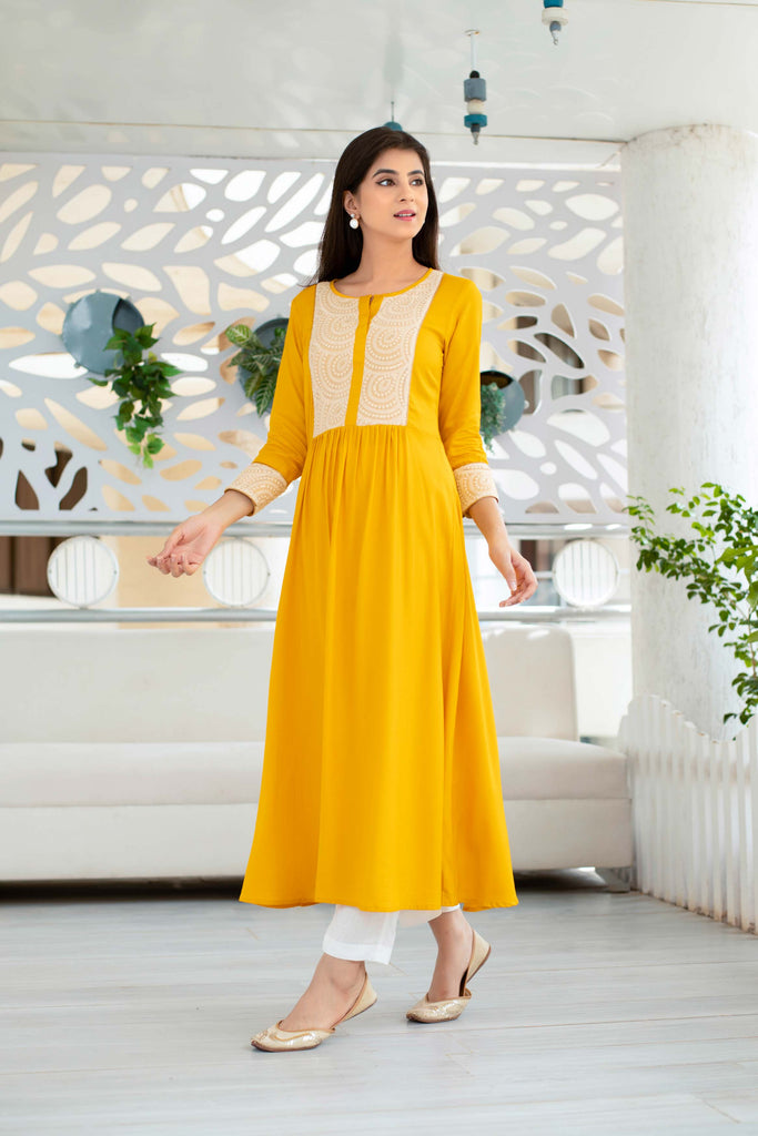 Women's Yellow Long Kurta With Straight Pant Set (2pcs set)