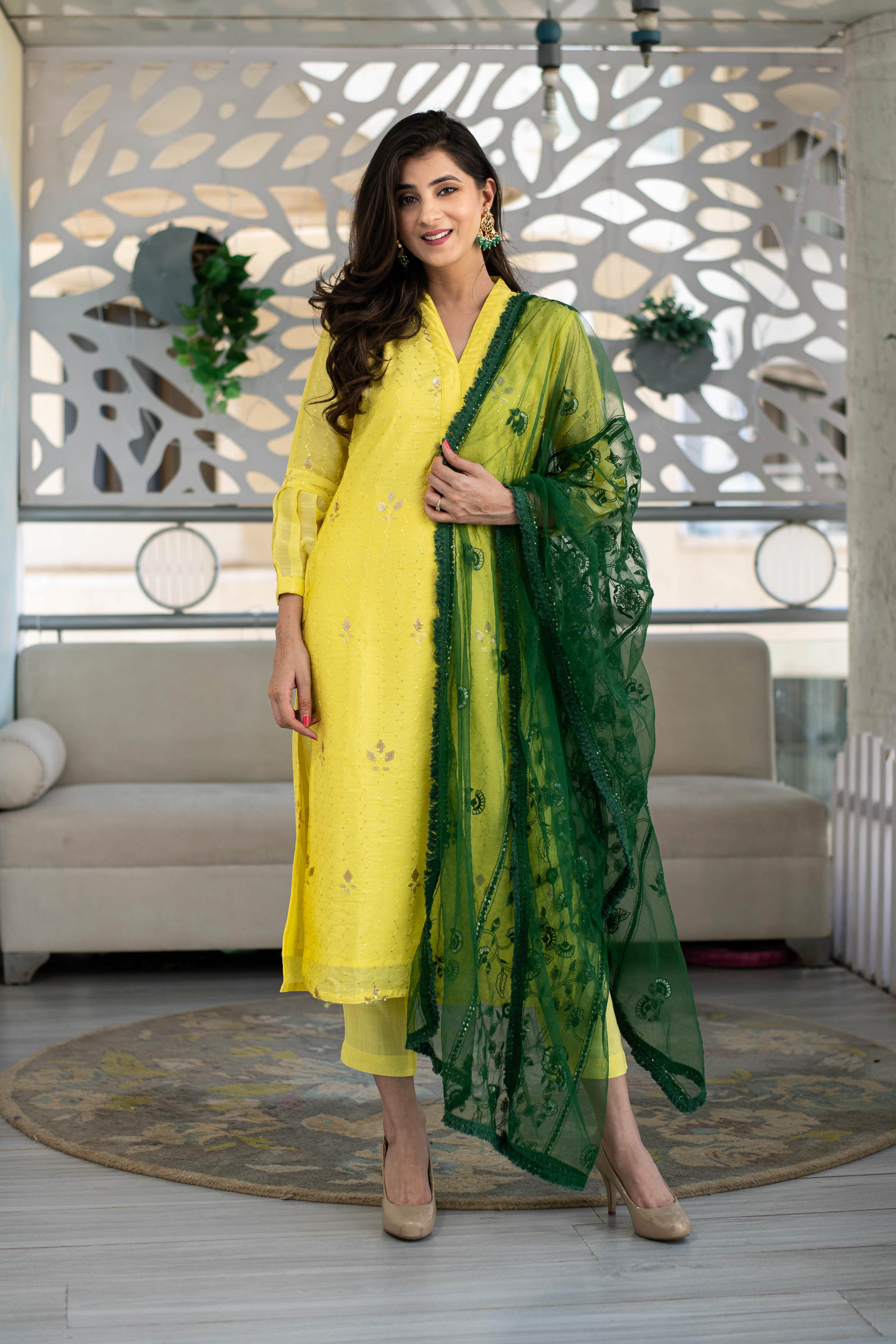 Women's Yellow Kurta With Green Dupatta (3pc Set) - Label Shaurya Sanadhya (3pc Set)