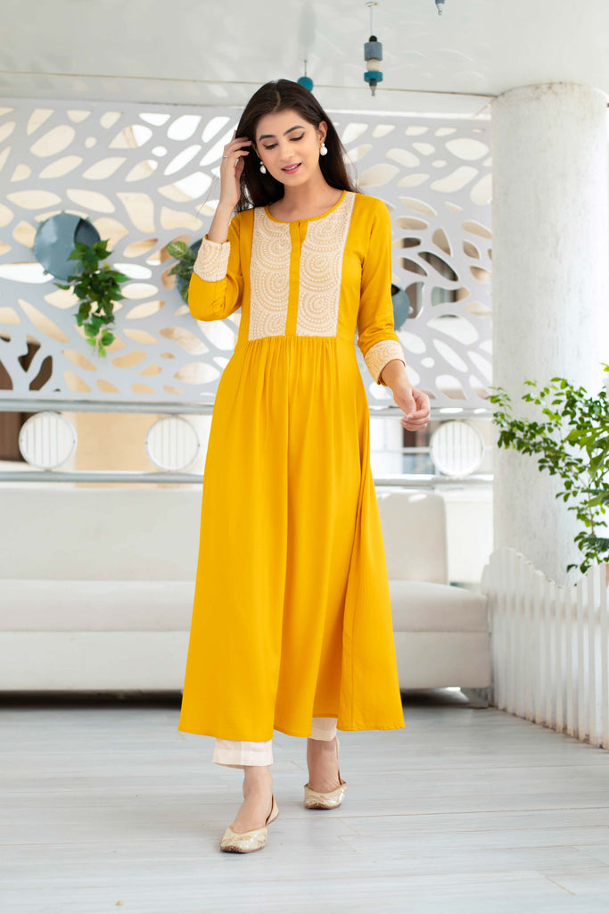 Women's Yellow Long Kurta With Straight Pant Set (2pcs set)