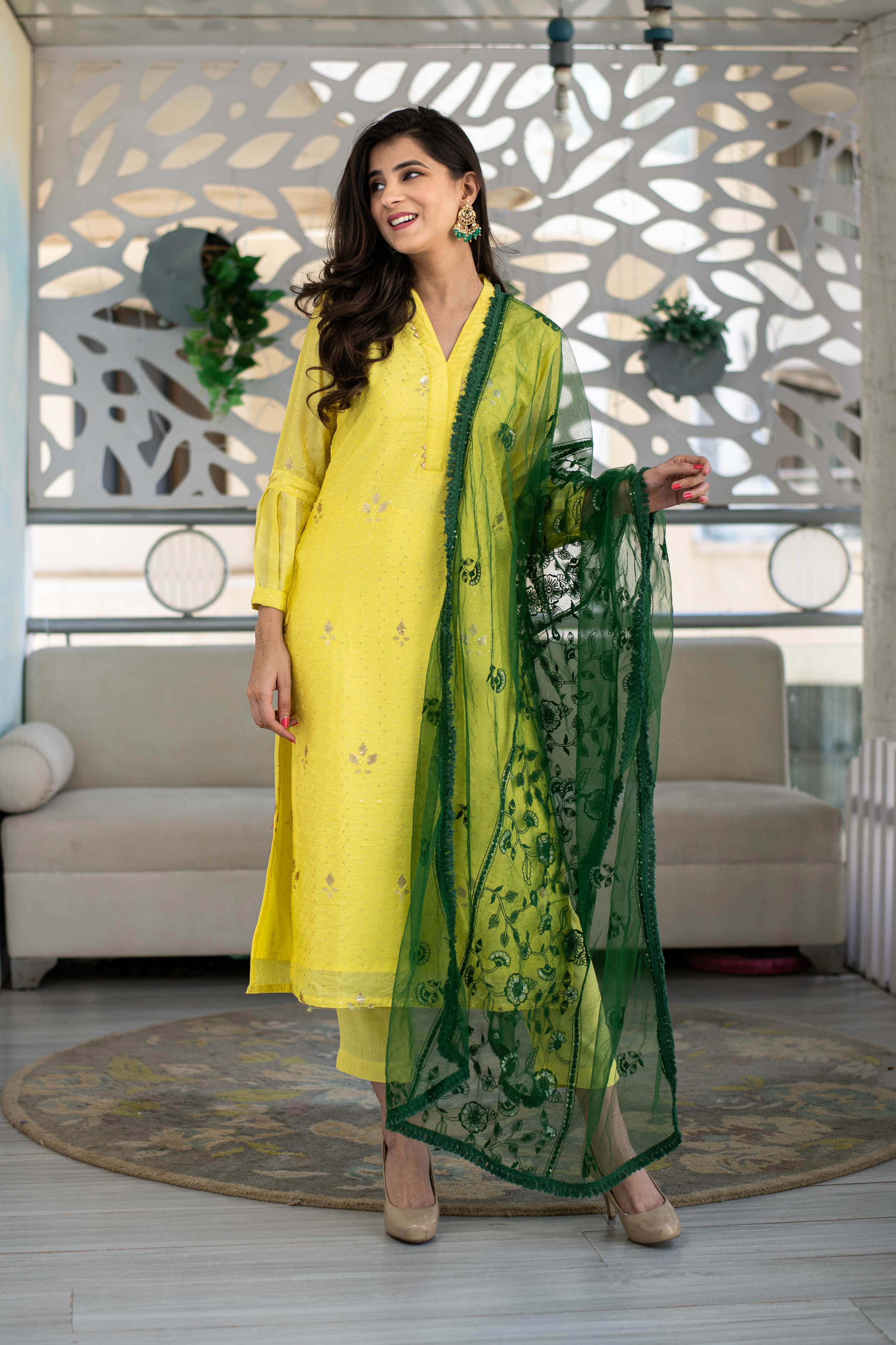 Women's Yellow Kurta With Green Dupatta (3pc Set) - Label Shaurya Sanadhya (3pc Set)