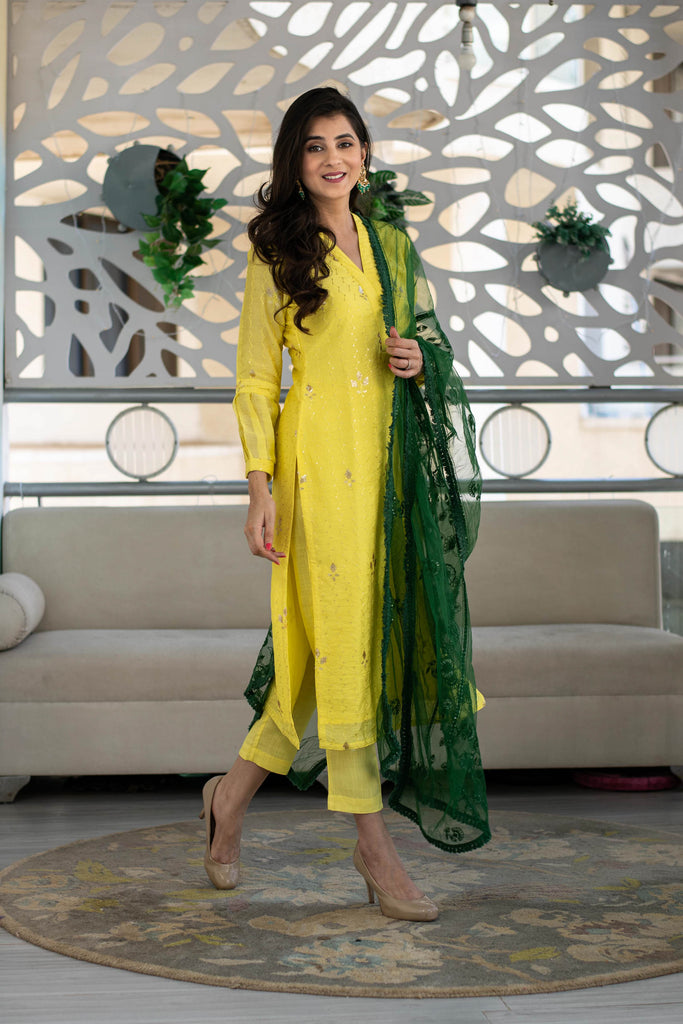 Women's Yellow Kurta With Green Dupatta (3pc Set) - Label S