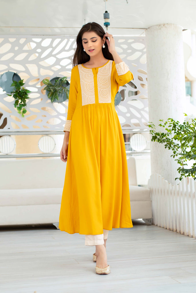 Women's Yellow Long Kurta With Straight Pant Set (2pcs set)