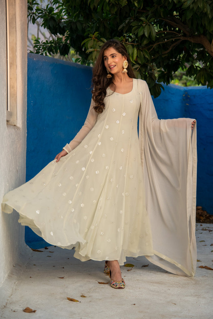 Women's Ivory High Kali Anarkali set