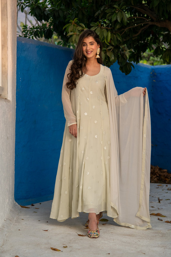 Women's Ivory High Kali Anarkali set