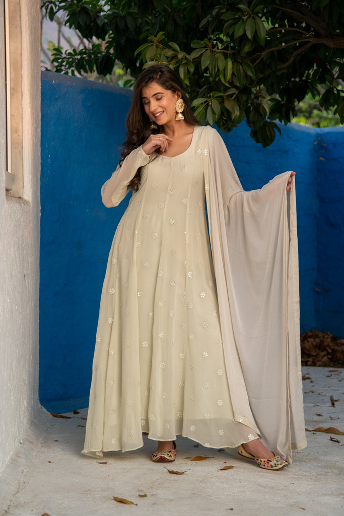 Women's Ivory High Kali Anarkali set