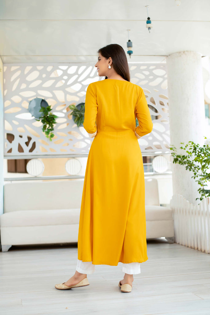 Women's Yellow Long Kurta With Straight Pant Set (2pcs set)