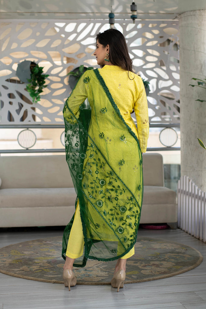 Women's Yellow Kurta With Green Dupatta (3pc Set) - Label S