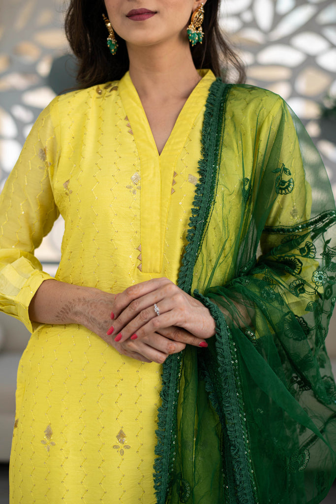Women's Yellow Kurta With Green Dupatta (3pc Set) - Label S