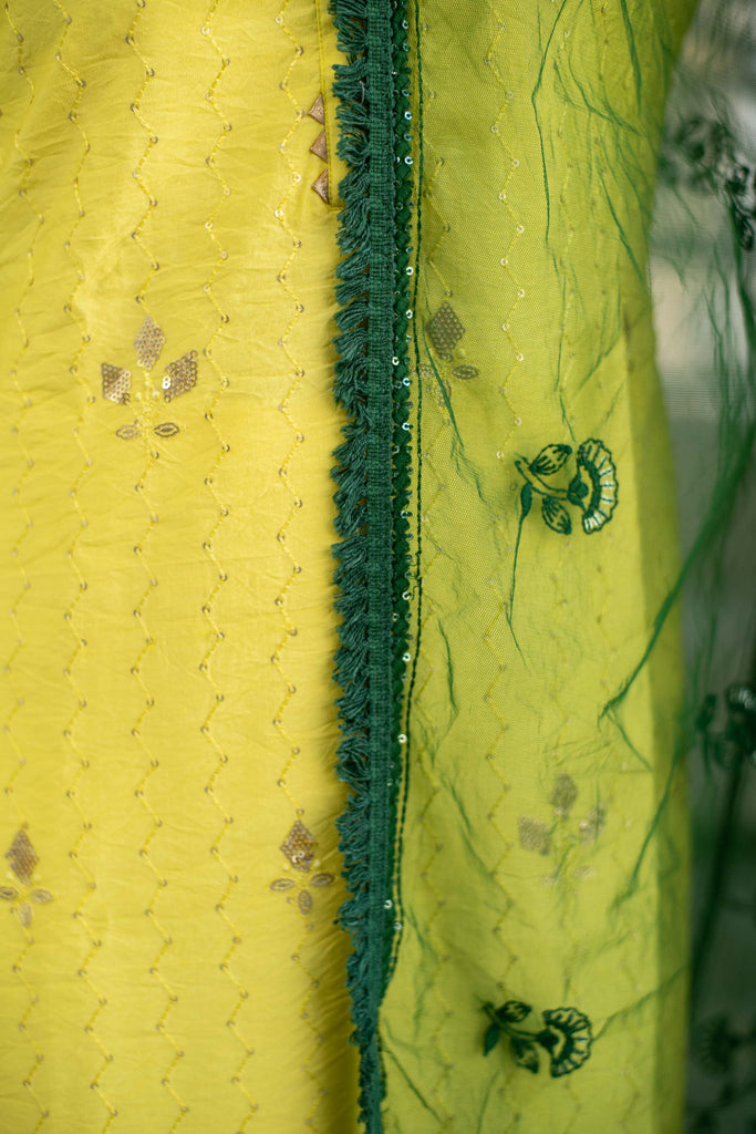 Women's Yellow Kurta With Green Dupatta (3pc Set) - Label S