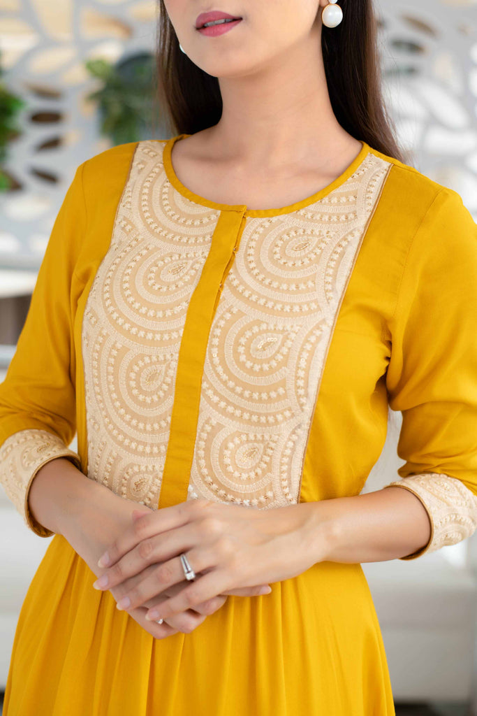 Women's Yellow Long Kurta With Straight Pant Set (2pcs set)