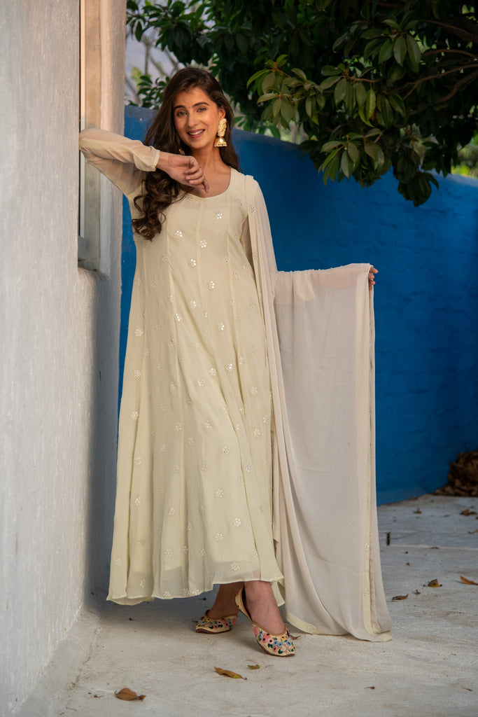 Women's Ivory High Kali Anarkali set