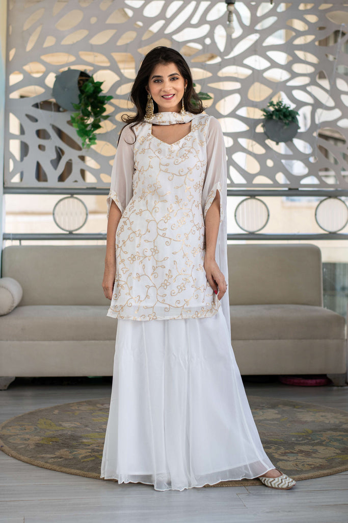 Women's Georgette White Sequin Kurta with Palazzo (3pc Set)
