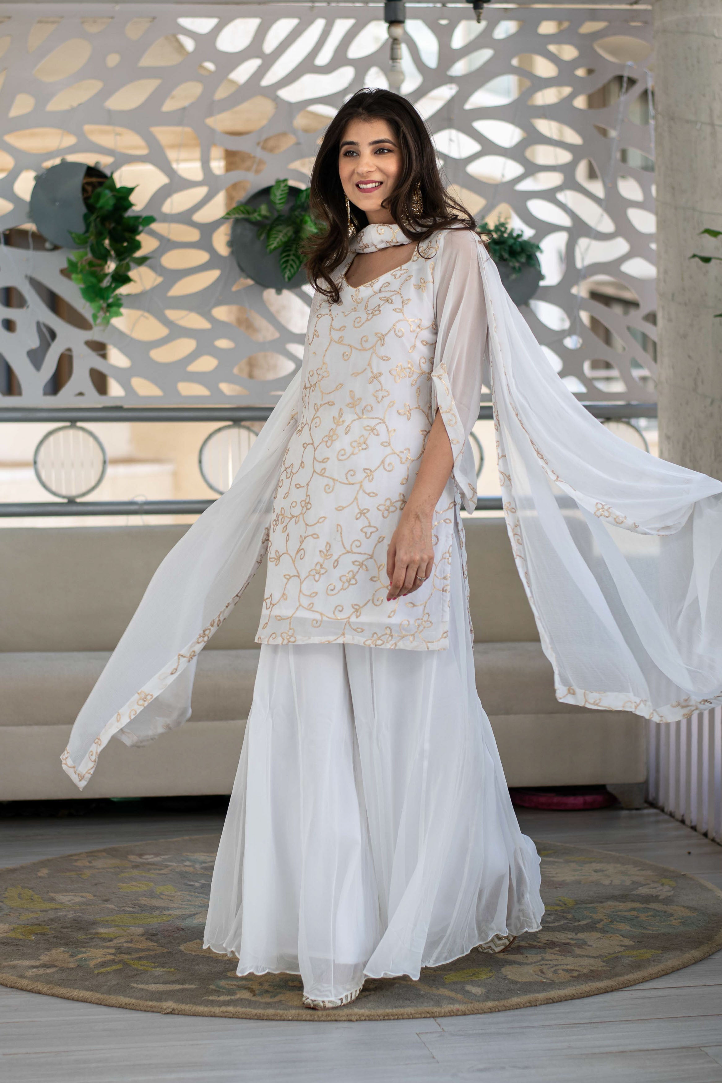Women's Georgette White Sequin Kurta with Palazzo (3pc Set)