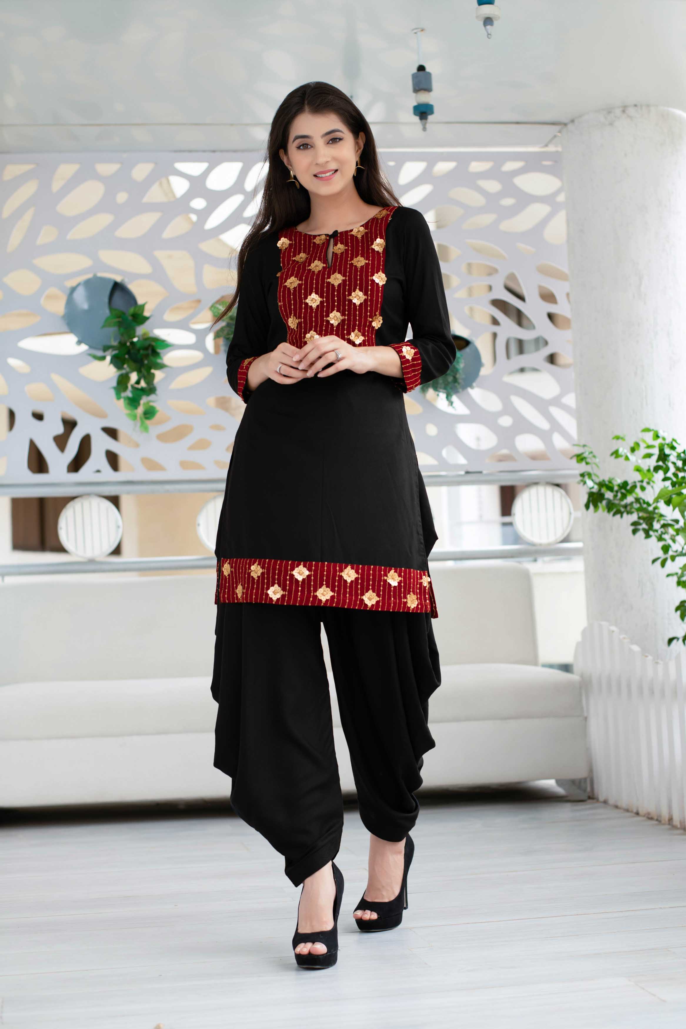 Buy Women's Black Patiala Set With Red Neck Work Label Shaurya