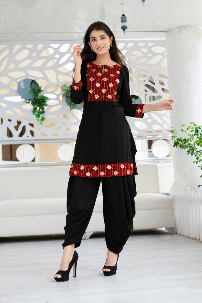 Women's Black Patiala Set With Red Neck Work (2pcs Set)