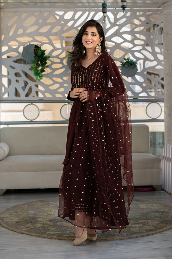Women's Brown High Low Anarkali Set (3 Pc Set)